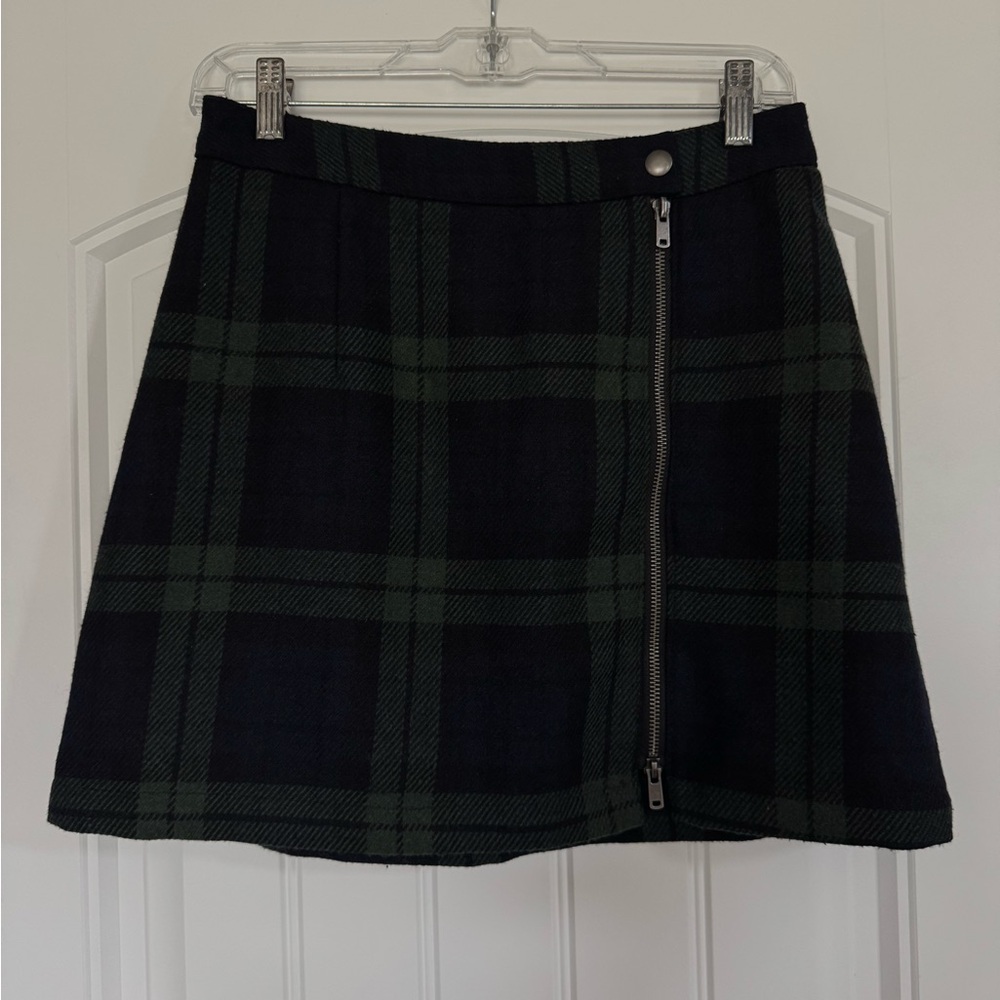 Abercrombie & Fitch Dark Green and Blue Plaid A-Line Mini Skirt with Front Zip